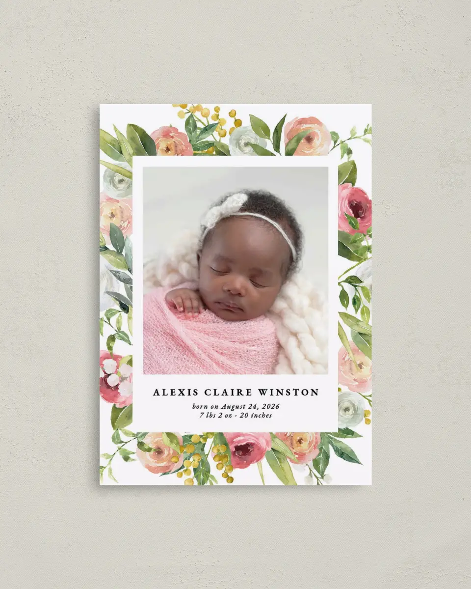 This is a 4" x 5.6" Birth Announcement Postcard called Floral Baby printed in full color on Soft Touch Finish paper