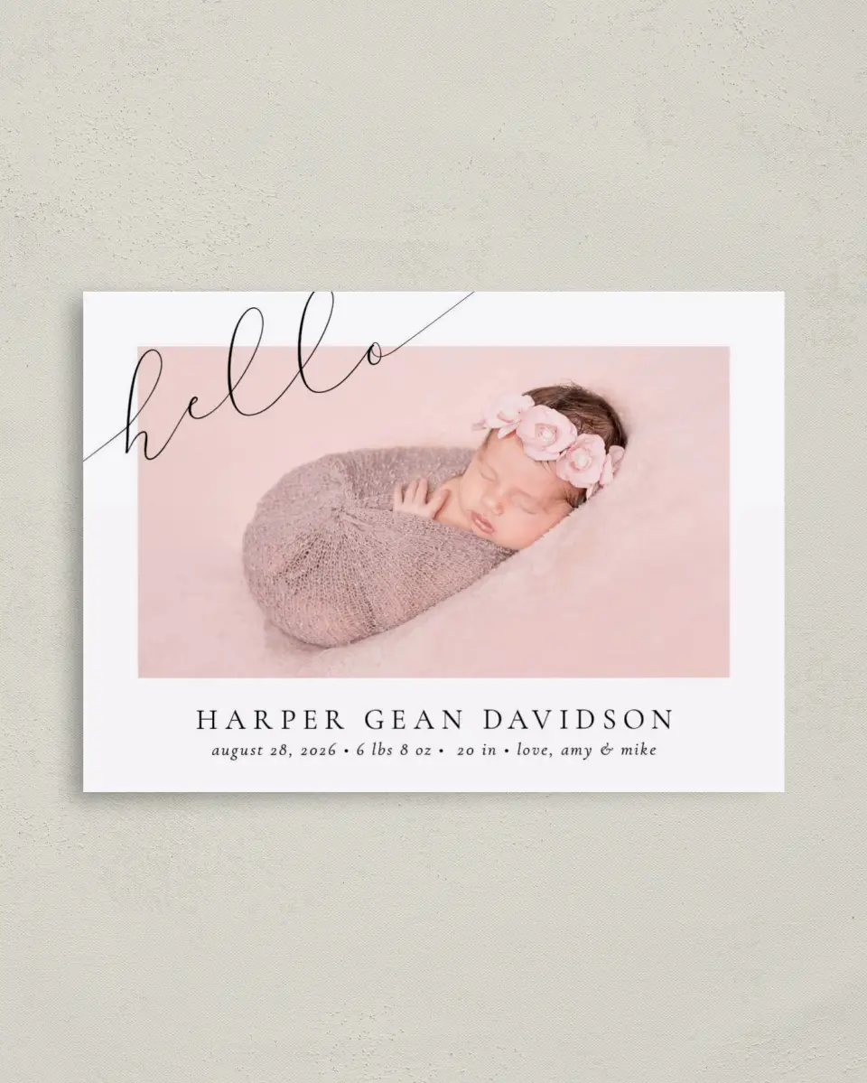 This is a 4" x 5.6" Birth Announcement Postcard called Sweet Hello printed in full color on Soft Touch Finish paper