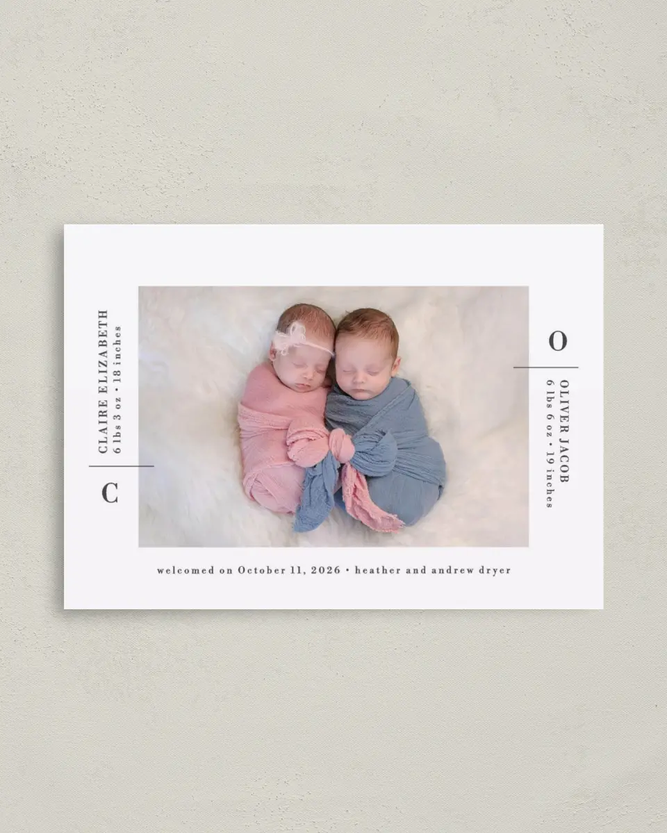 This is a 4" x 5.6" Birth Announcement Postcard called New Two printed in full color on Soft Touch Finish paper