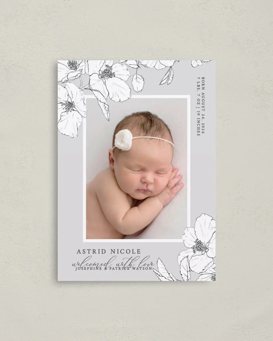 This is a 4" x 5.6" Birth Announcement Postcard called Baby Blossom printed in full color on Soft Touch Finish paper