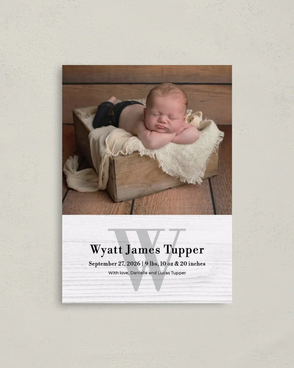 This is a 4" x 5.6" Birth Announcement Postcard called Rustic Welcome printed in full color on Soft Touch Finish paper