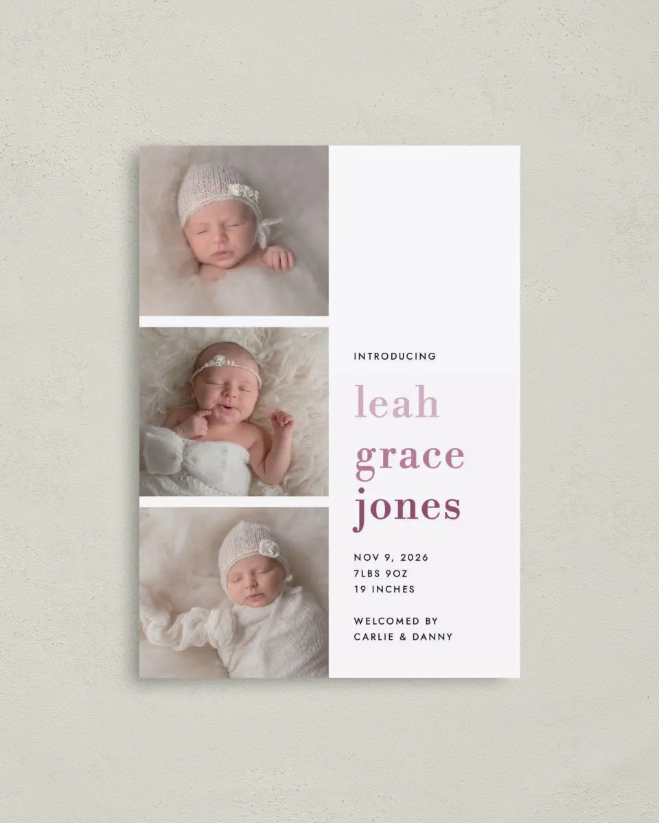 This is a 4" x 5.6" Birth Announcement Postcard called Adorable Stack printed in full color on Soft Touch Finish paper
