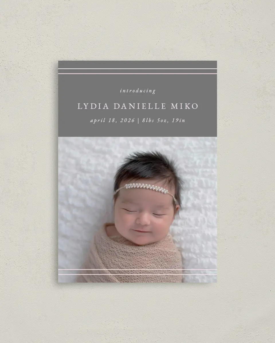 This is a 4" x 5.6" Birth Announcement Postcard called Simple Stripes printed in full color on Soft Touch Finish paper