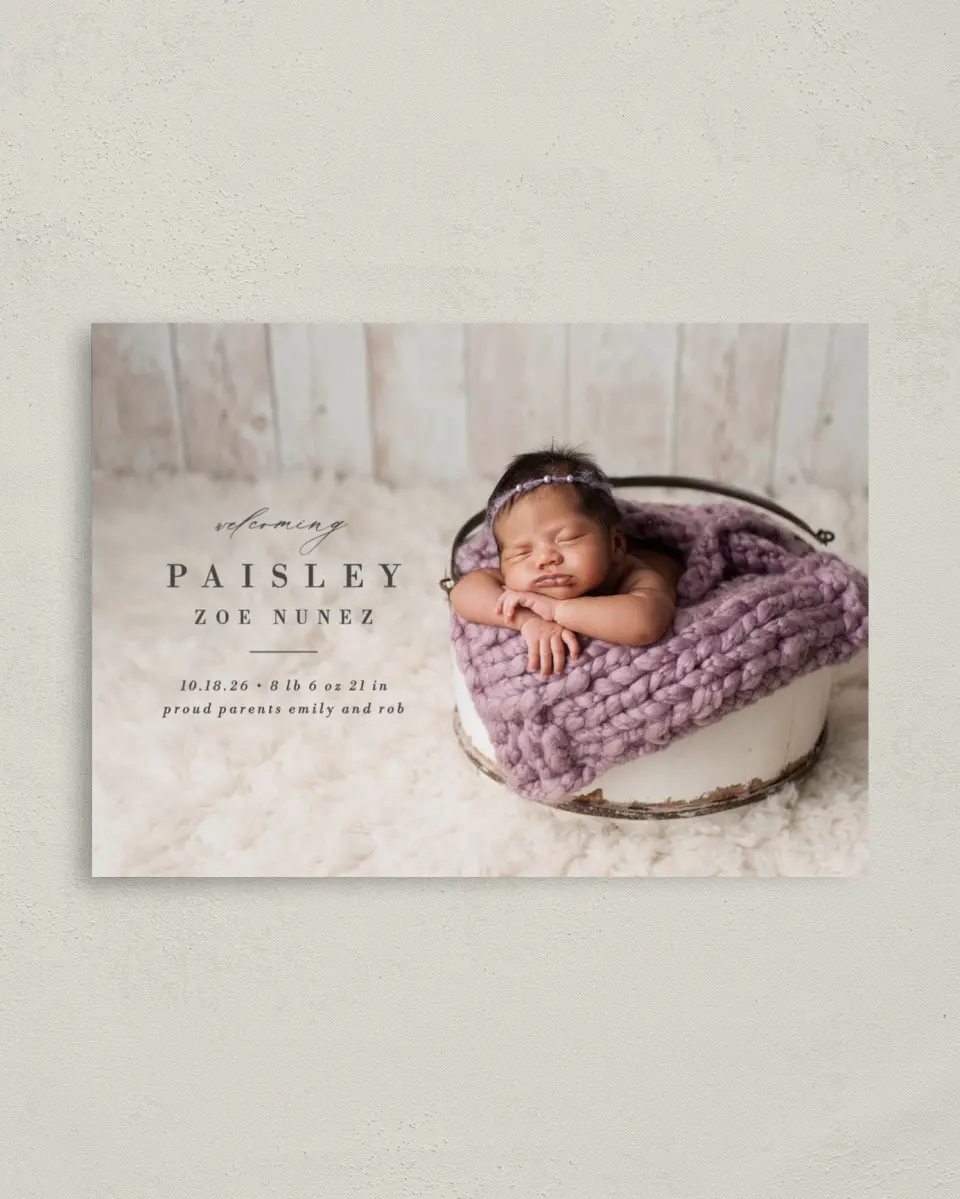 This is a 4" x 5.6" Birth Announcement Postcard called Adored printed in full color on Soft Touch Finish paper
