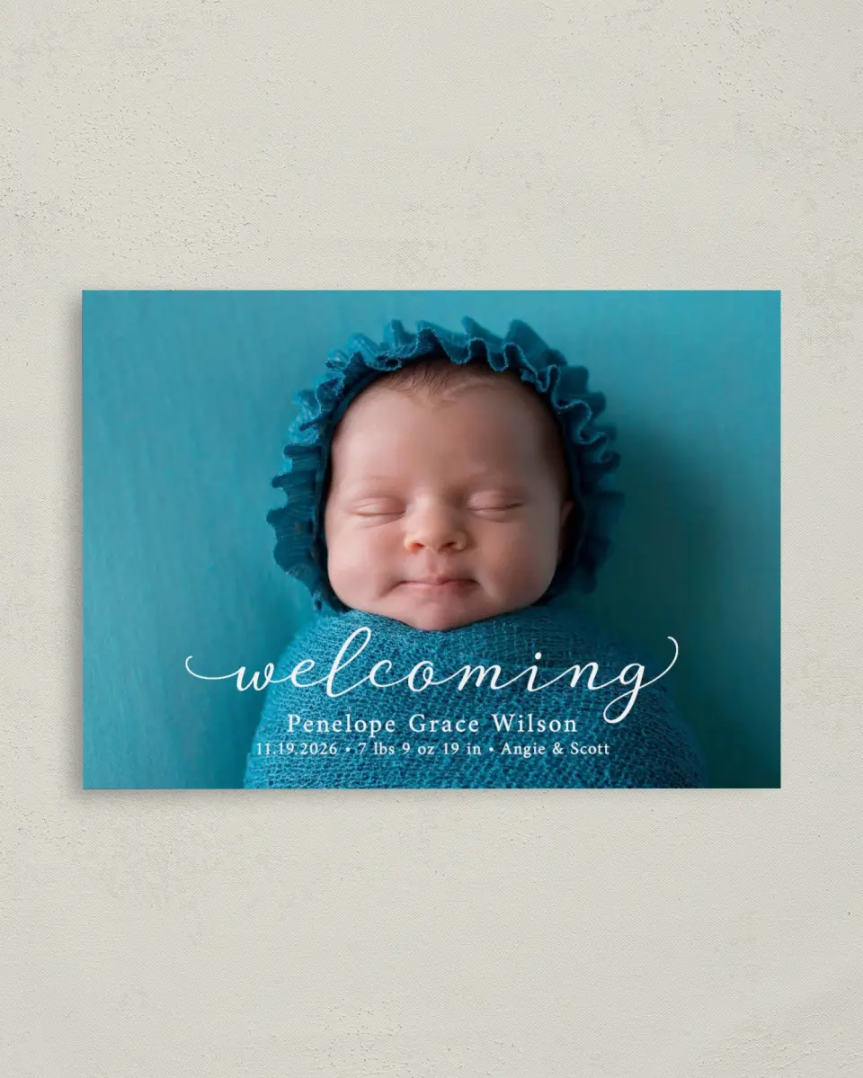 This is a 4" x 5.6" Birth Announcement Postcard called Darling Welcome printed in full color on Soft Touch Finish paper