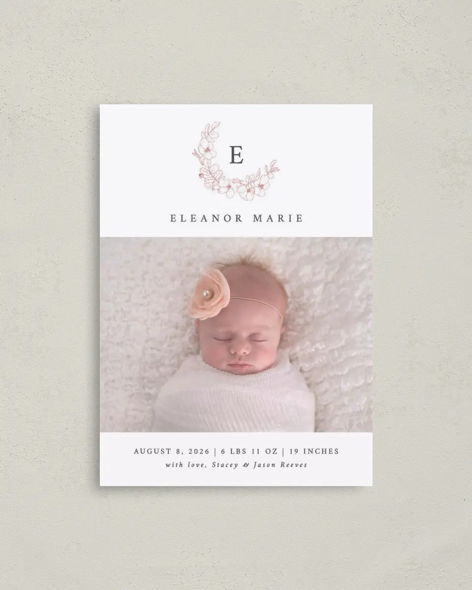 This is a 4" x 5.6" Birth Announcement Postcard called Delicate Wreath printed in full color on Soft Touch Finish paper