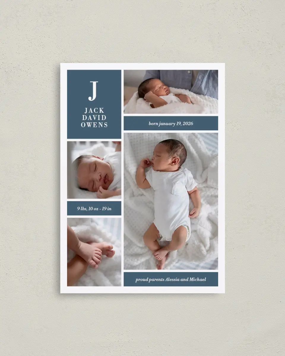 This is a 4" x 5.6" Birth Announcement Postcard called Bold Blocks printed in full color with Silver foil on Soft Touch Finish paper