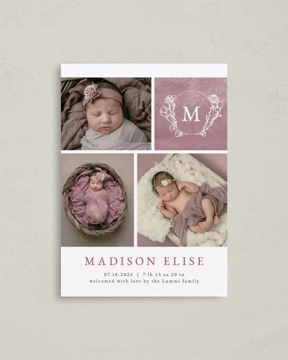 This is a 4" x 5.6" Birth Announcement Postcard called Blooming Monogram printed in full color on Soft Touch Finish paper