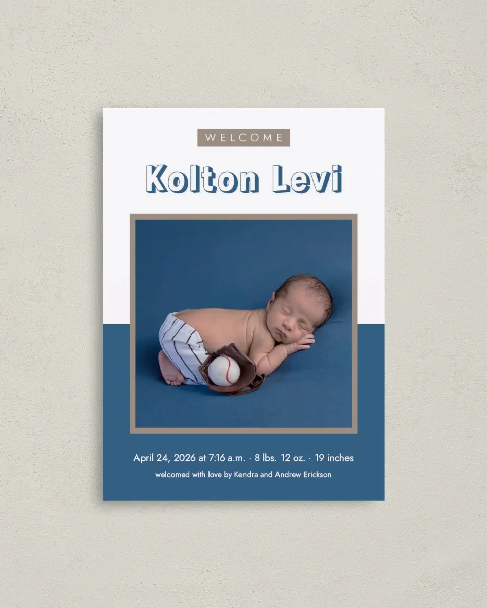 This is a 4" x 5.6" Birth Announcement Postcard called Welcome Block printed in full color on Soft Touch Finish paper