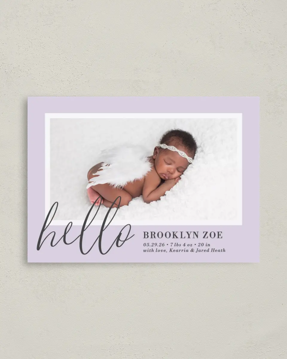 This is a 4" x 5.6" Birth Announcement Postcard called Chic Hello printed in full color on Soft Touch Finish paper