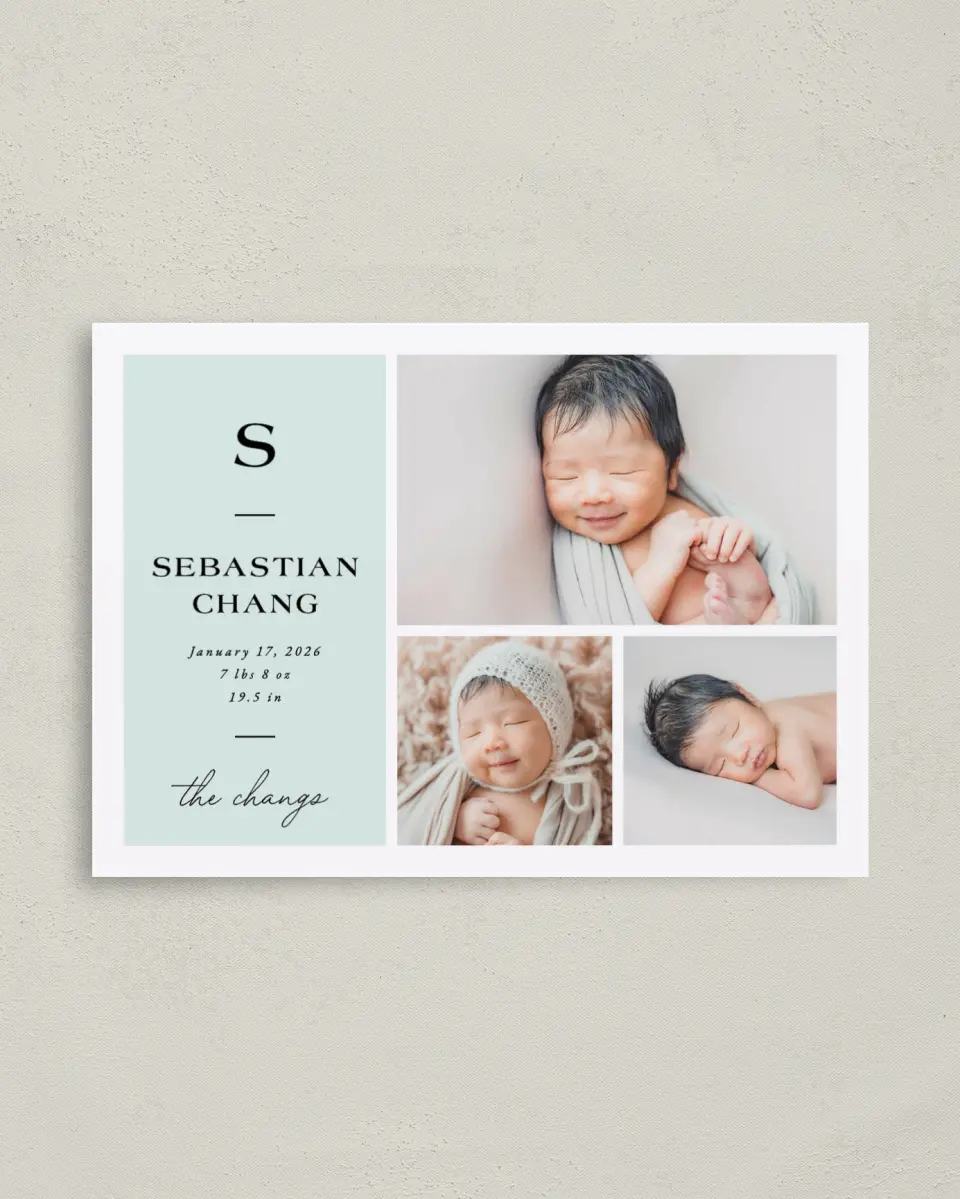 This is a 4" x 5.6" Birth Announcement Postcard called Simple Initial printed in full color on Soft Touch Finish paper