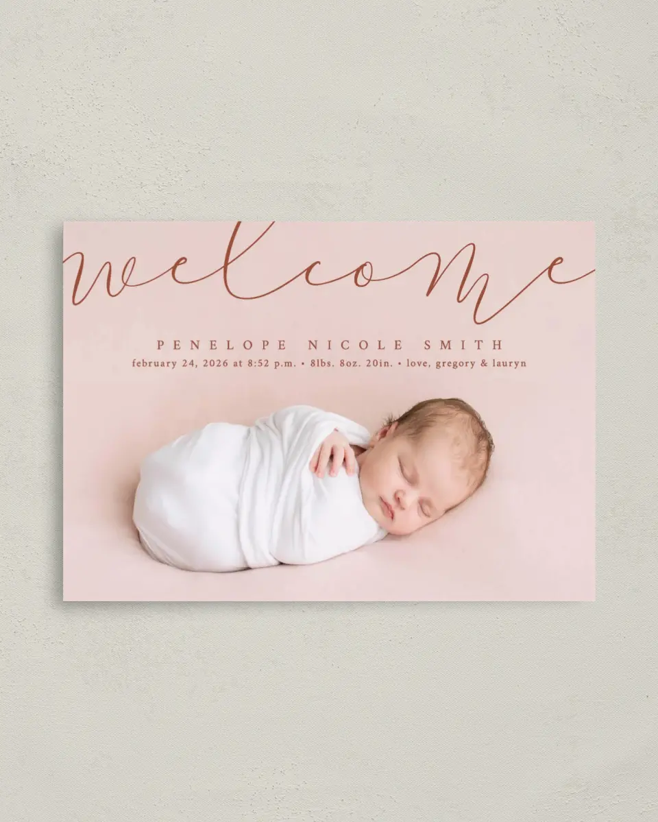 This is a 4" x 5.6" Birth Announcement Postcard called Blissful Welcome printed in full color on Soft Touch Finish paper