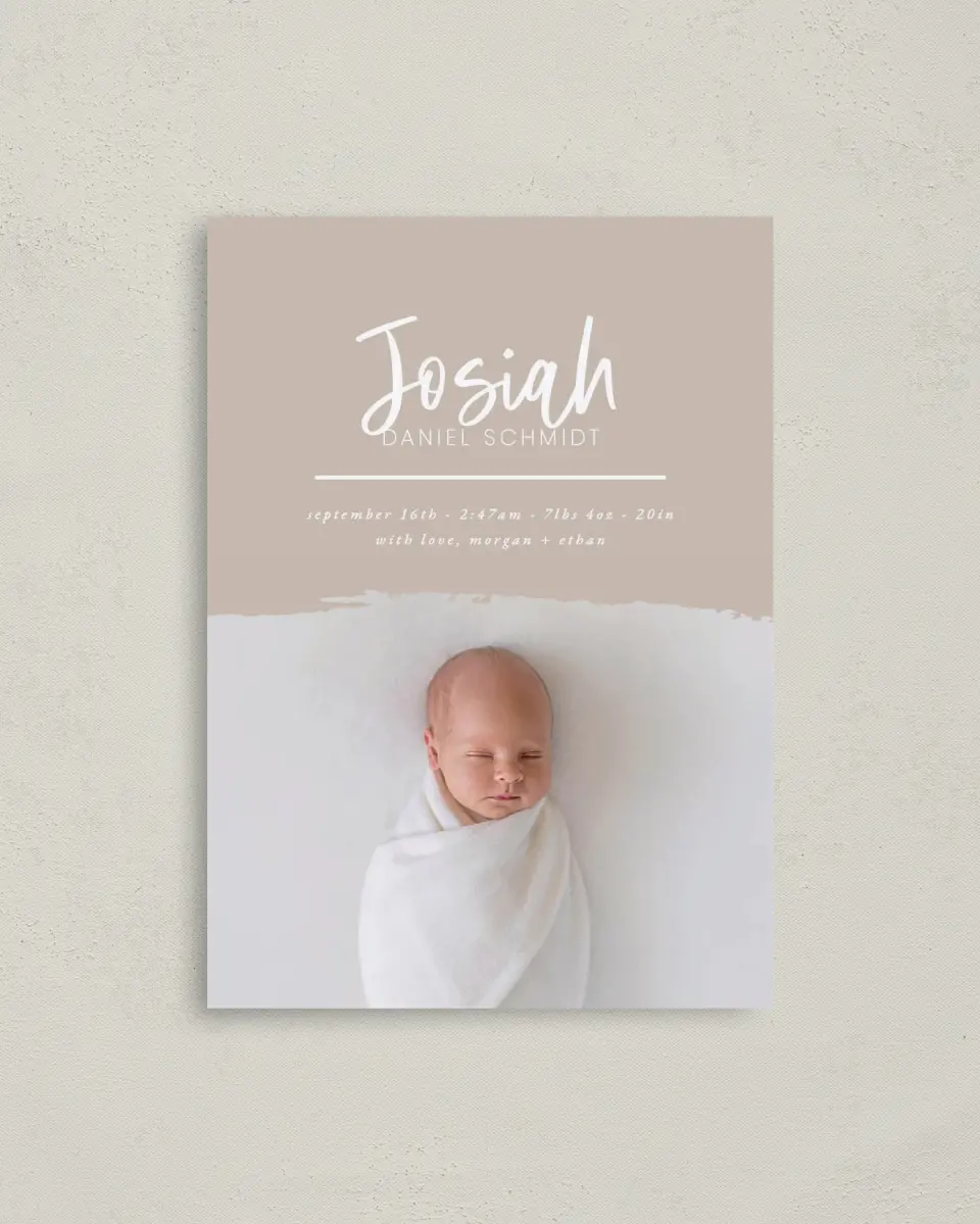 This is a 4" x 5.6" Birth Announcement Postcard called Modern Brush printed in full color on Soft Touch Finish paper