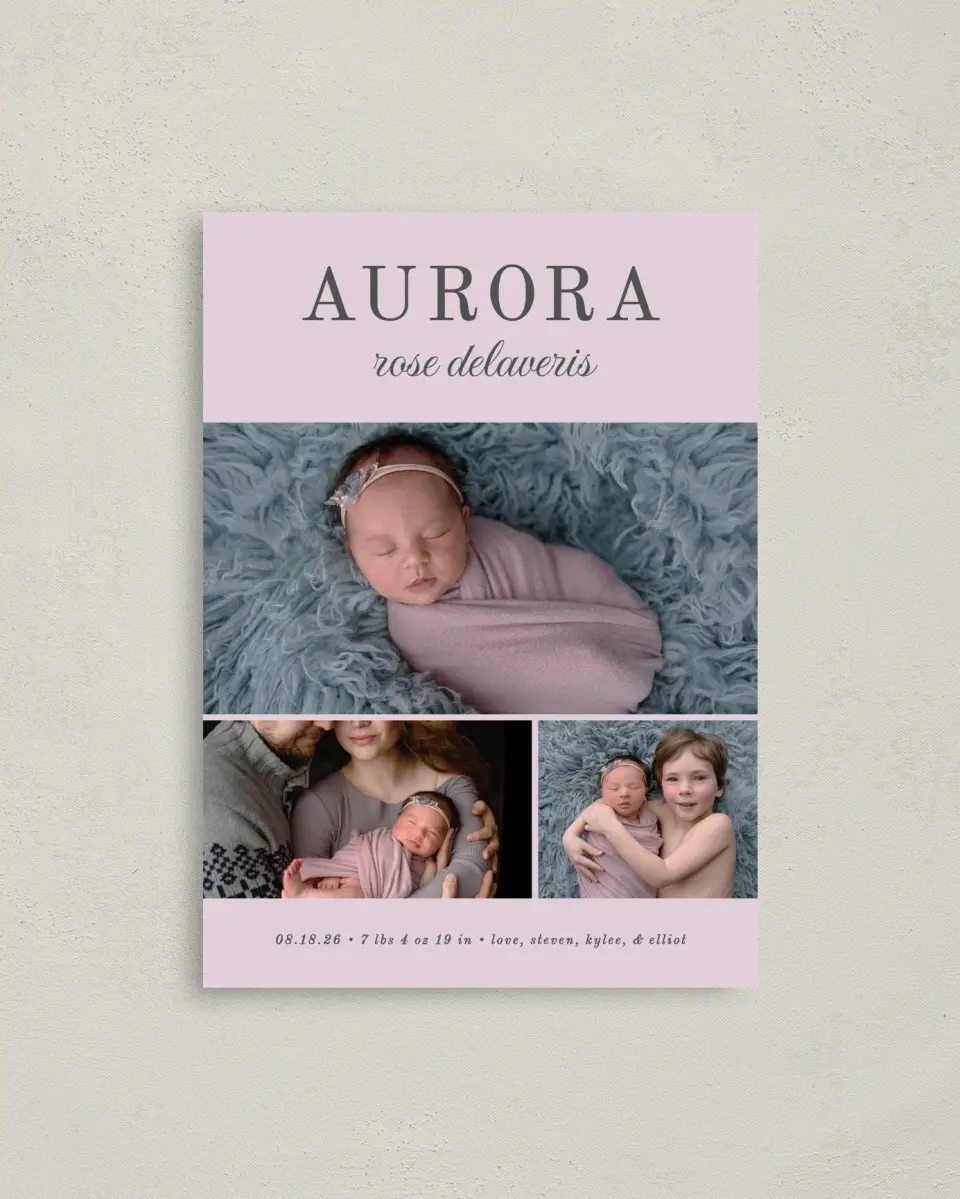 This is a 4" x 5.6" Birth Announcement Postcard called Serene Debut printed in full color on Soft Touch Finish paper