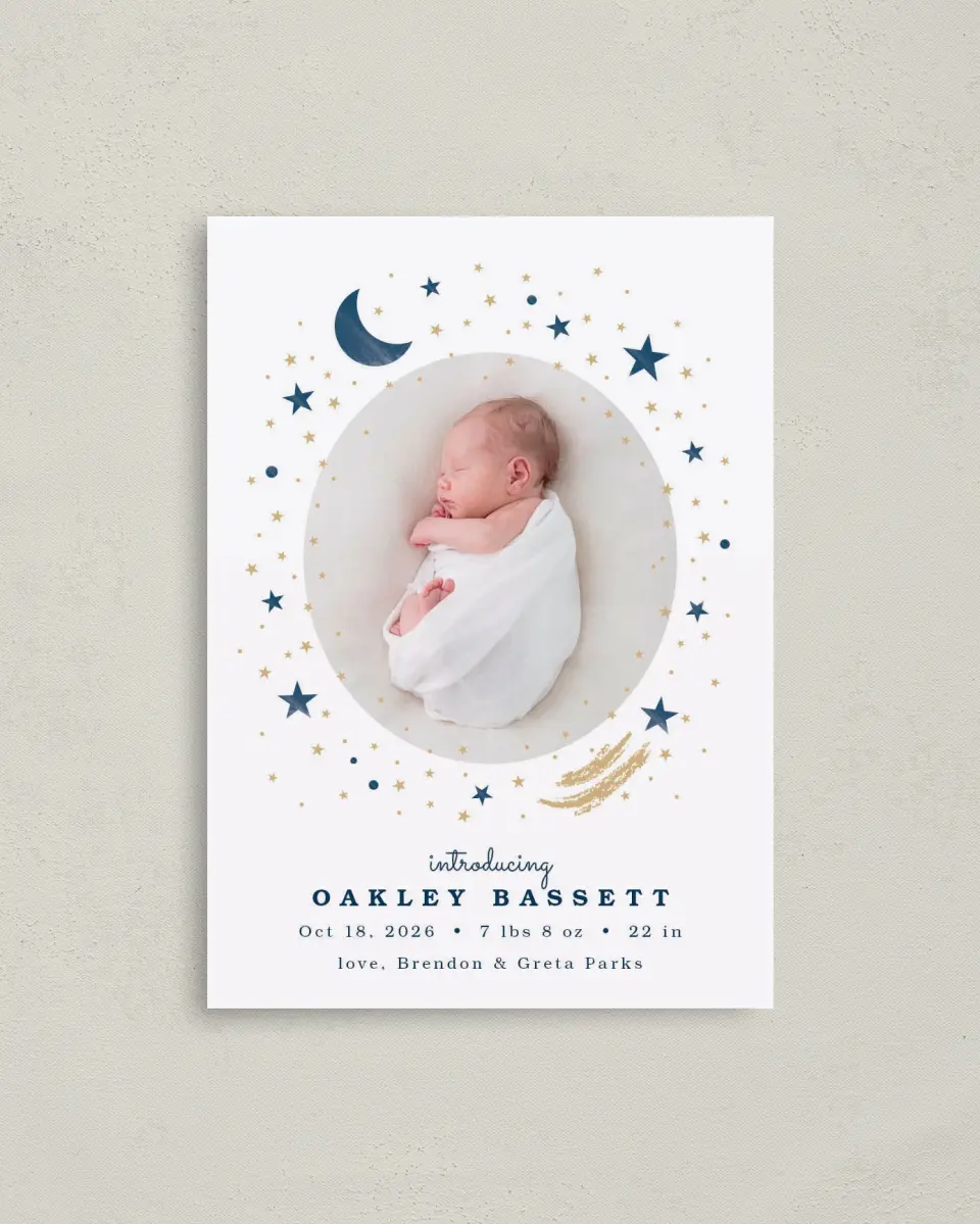 This is a 4" x 5.6" Birth Announcement Postcard called Moon and Stars printed in full color with Silver foil on Soft Touch Finish paper