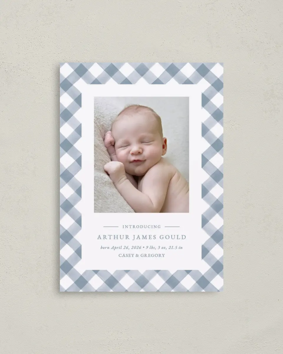 This is a 4" x 5.6" Birth Announcement Postcard called Checked Cutie printed in full color on Soft Touch Finish paper