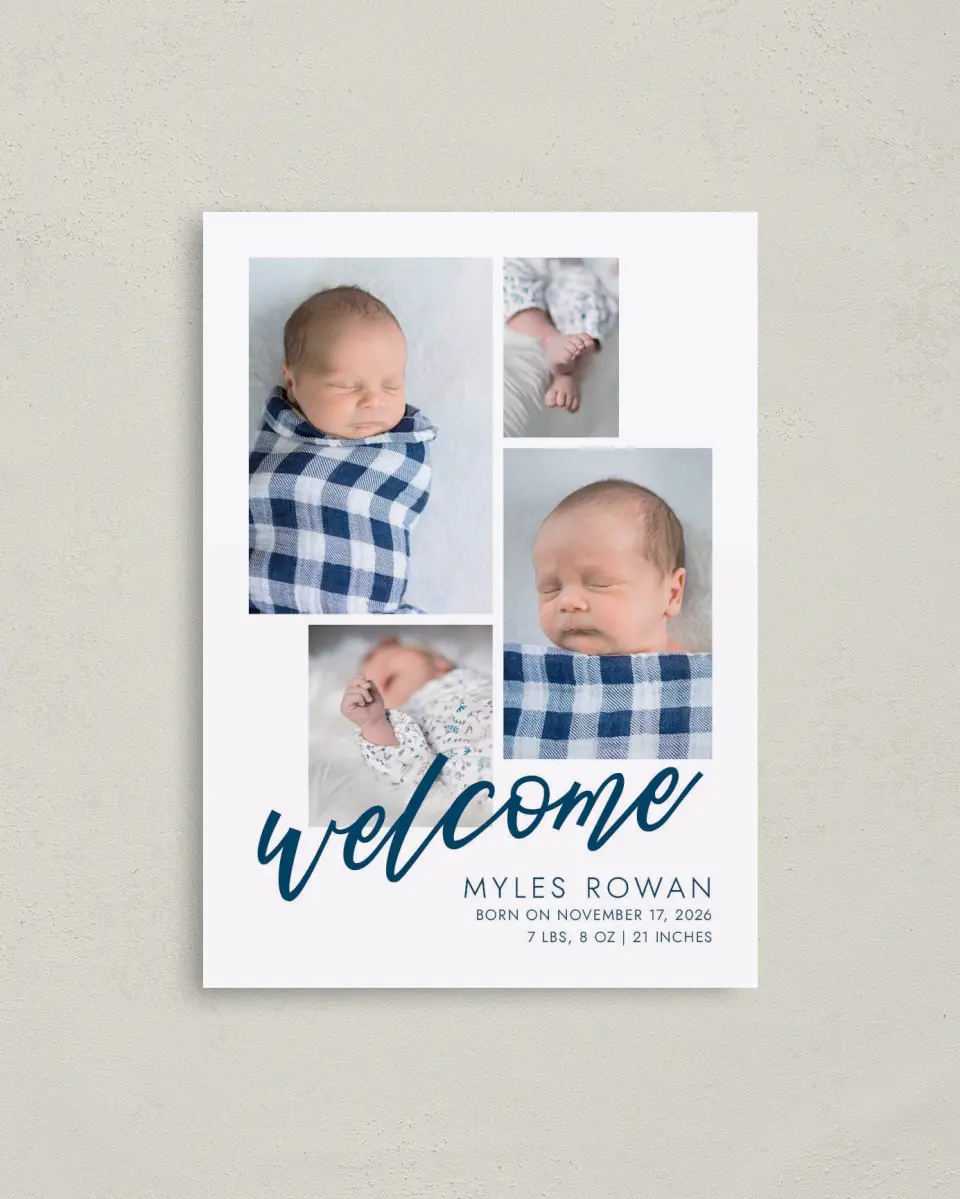 This is a 4" x 5.6" Birth Announcement Postcard called Joyous Welcome printed in full color on Soft Touch Finish paper
