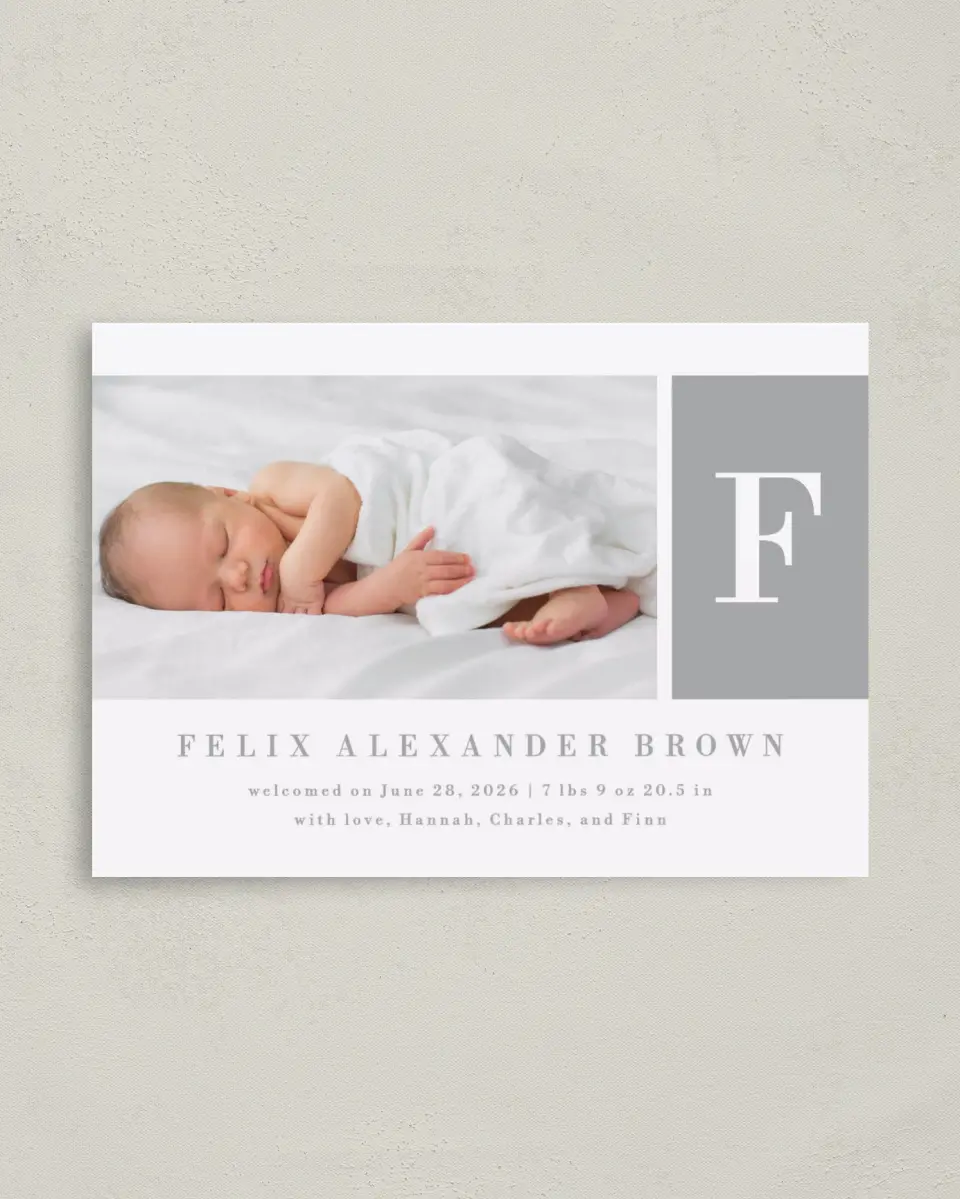 This is a 4" x 5.6" Birth Announcement Postcard called Minimal Monogram printed in full color on Soft Touch Finish paper
