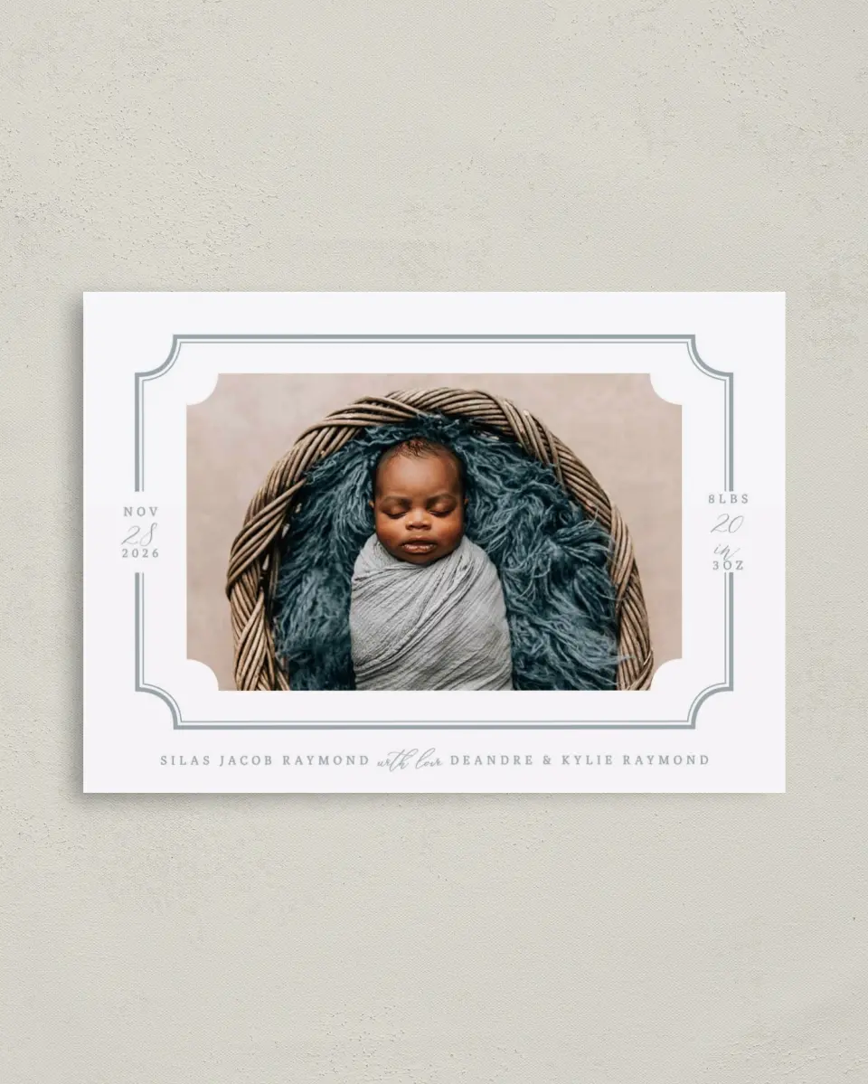 This is a 4" x 5.6" Birth Announcement Postcard called Elegant Border printed in full color on Soft Touch Finish paper