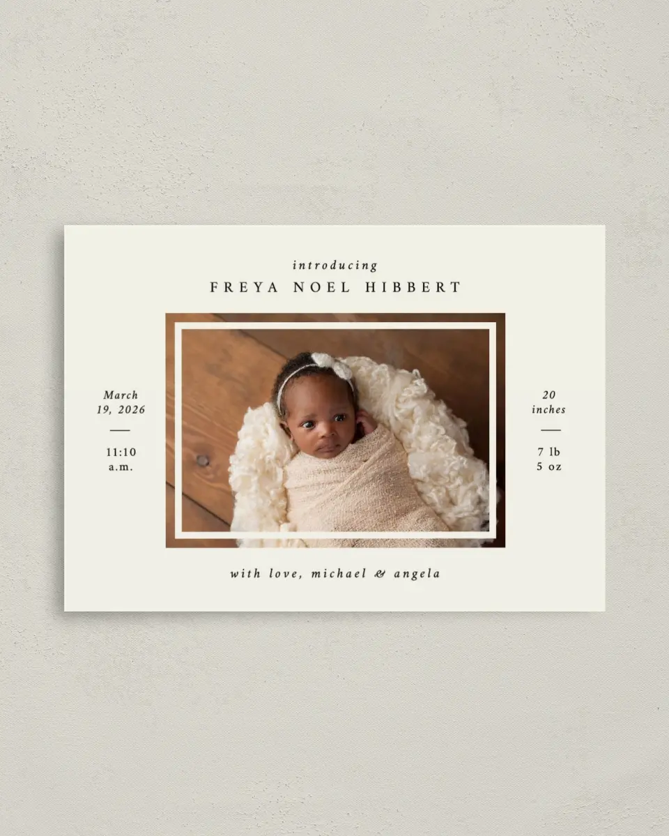 This is a 4" x 5.6" Birth Announcement Postcard called Simply Ours printed in full color on Soft Touch Finish paper