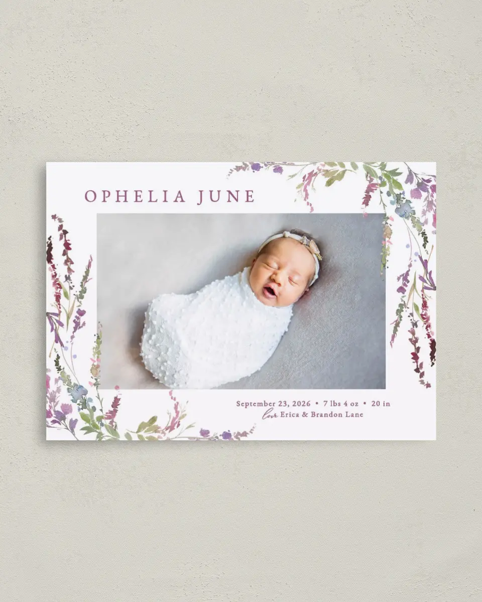 This is a 4" x 5.6" Birth Announcement Postcard called Flower Child printed in full color on Soft Touch Finish paper