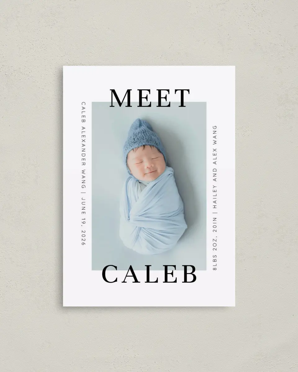 This is a 4" x 5.6" Birth Announcement Postcard called Modern Meeting printed in full color on Soft Touch Finish paper