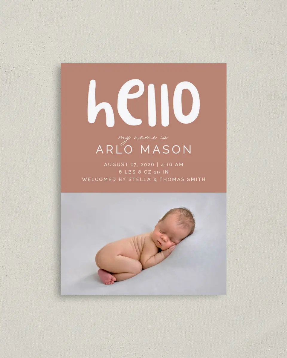 This is a 4" x 5.6" Birth Announcement Postcard called Cute Hello printed in full color on Soft Touch Finish paper
