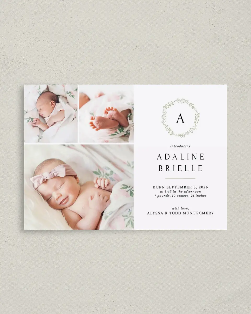 This is a 4" x 5.6" Birth Announcement Postcard called Welcome Wreath printed in full color on Soft Touch Finish paper
