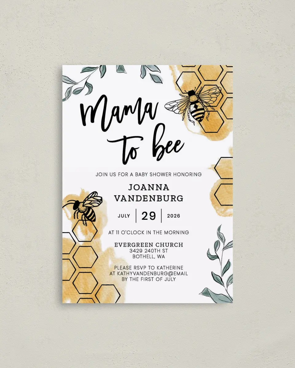 This is a 4" x 5.6" Baby Shower Invitation Postcard called Mama to Bee printed in full color on Soft Touch Finish paper