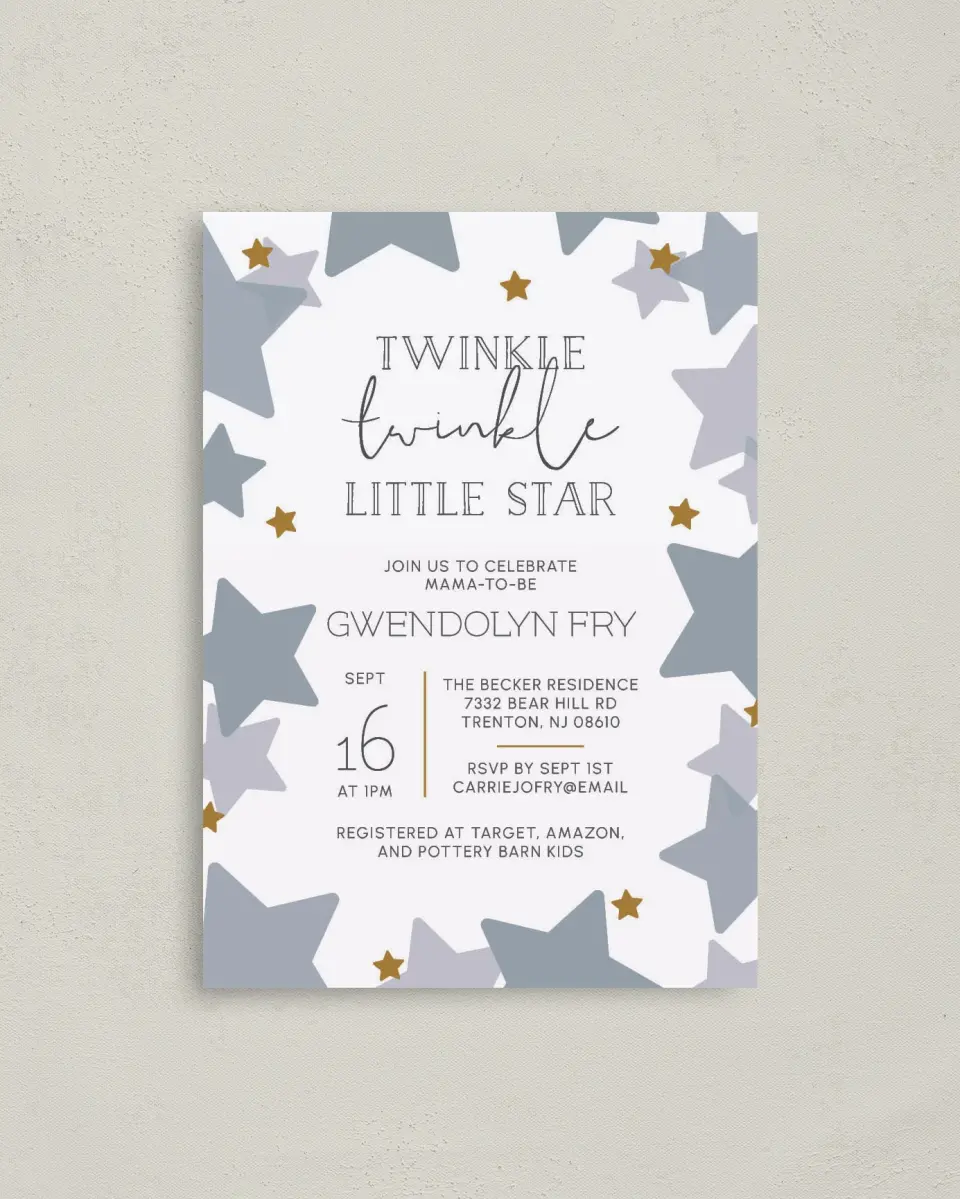 This is a 4" x 5.6" Baby Shower Invitation Postcard called Little Twinkle printed in full color on Soft Touch Finish paper