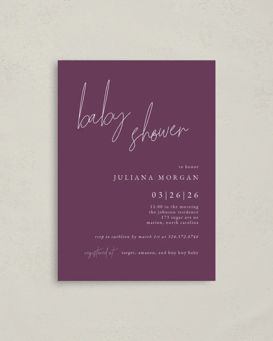 This is a 4" x 5.6" Baby Shower Invitation Postcard called Modern Babe printed in full color on Soft Touch Finish paper