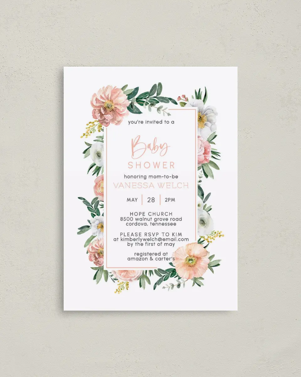 This is a 4" x 5.6" Baby Shower Invitation Postcard called Blossoming Baby printed in full color on Soft Touch Finish paper