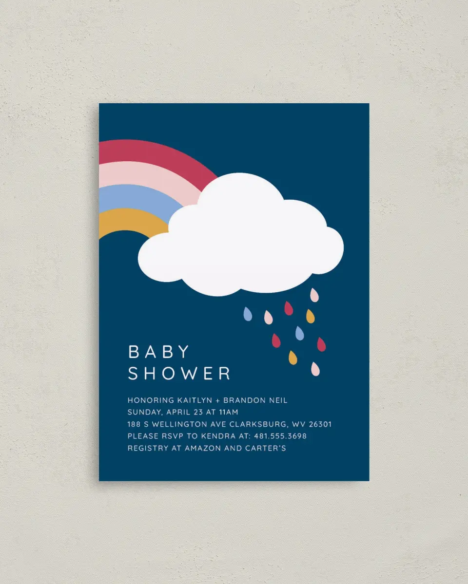This is a 4" x 5.6" Baby Shower Invitation Postcard called Darling Rainbow printed in full color on Soft Touch Finish paper