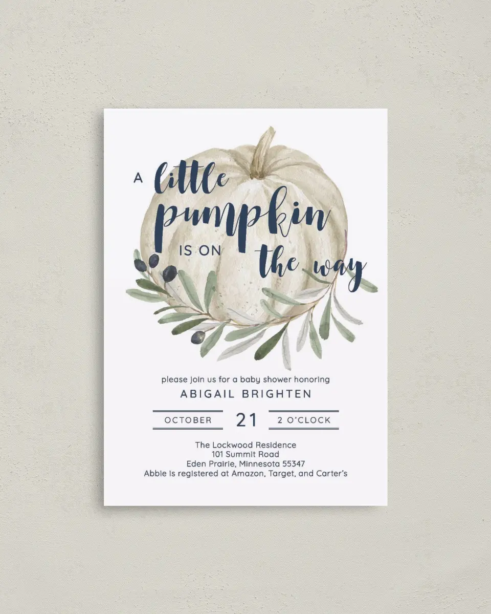 This is a 4" x 5.6" Baby Shower Invitation Postcard called Little Pumpkin printed in full color on Soft Touch Finish paper