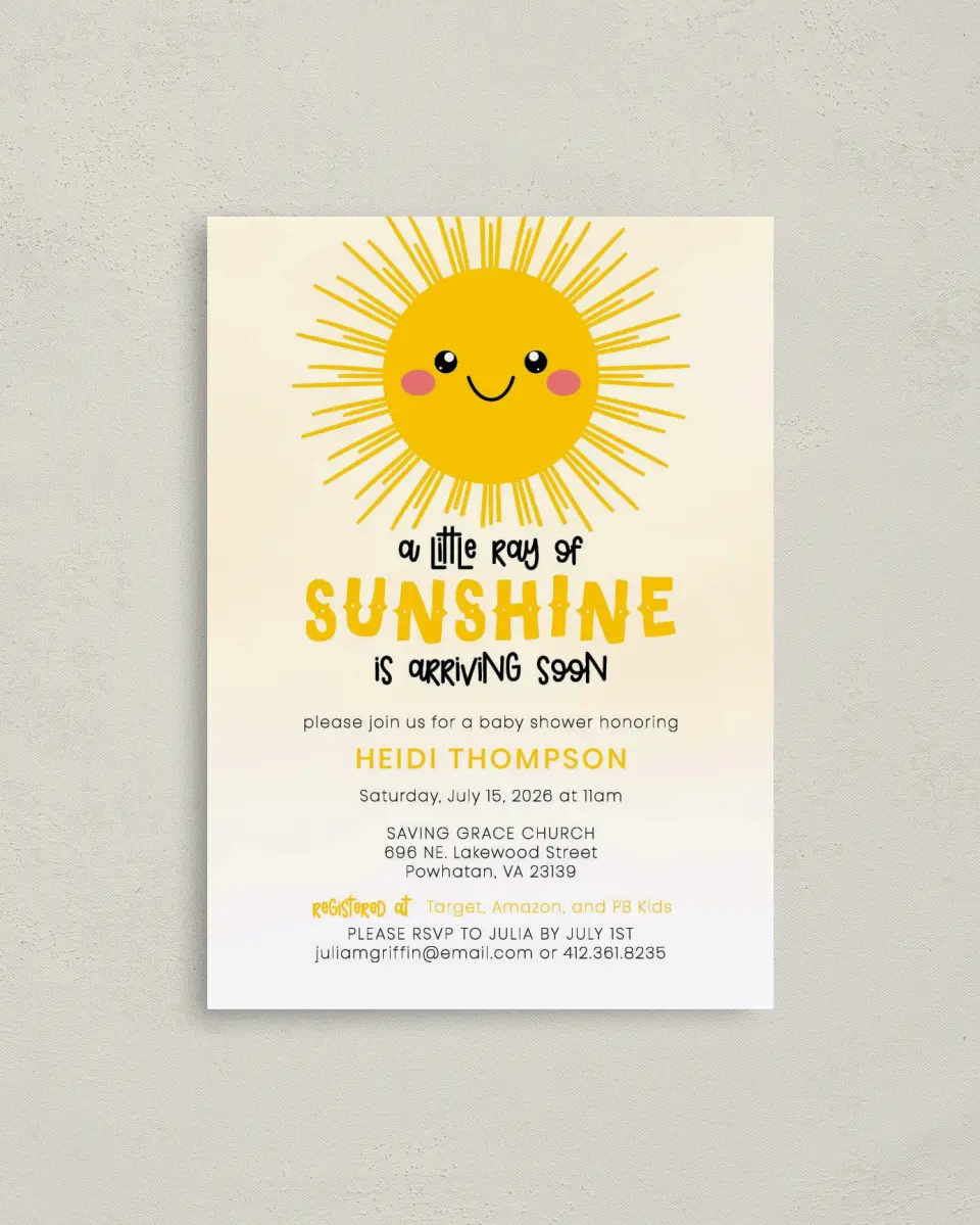 This is a 4" x 5.6" Baby Shower Invitation Postcard called Little Sunshine printed in full color on Soft Touch Finish paper