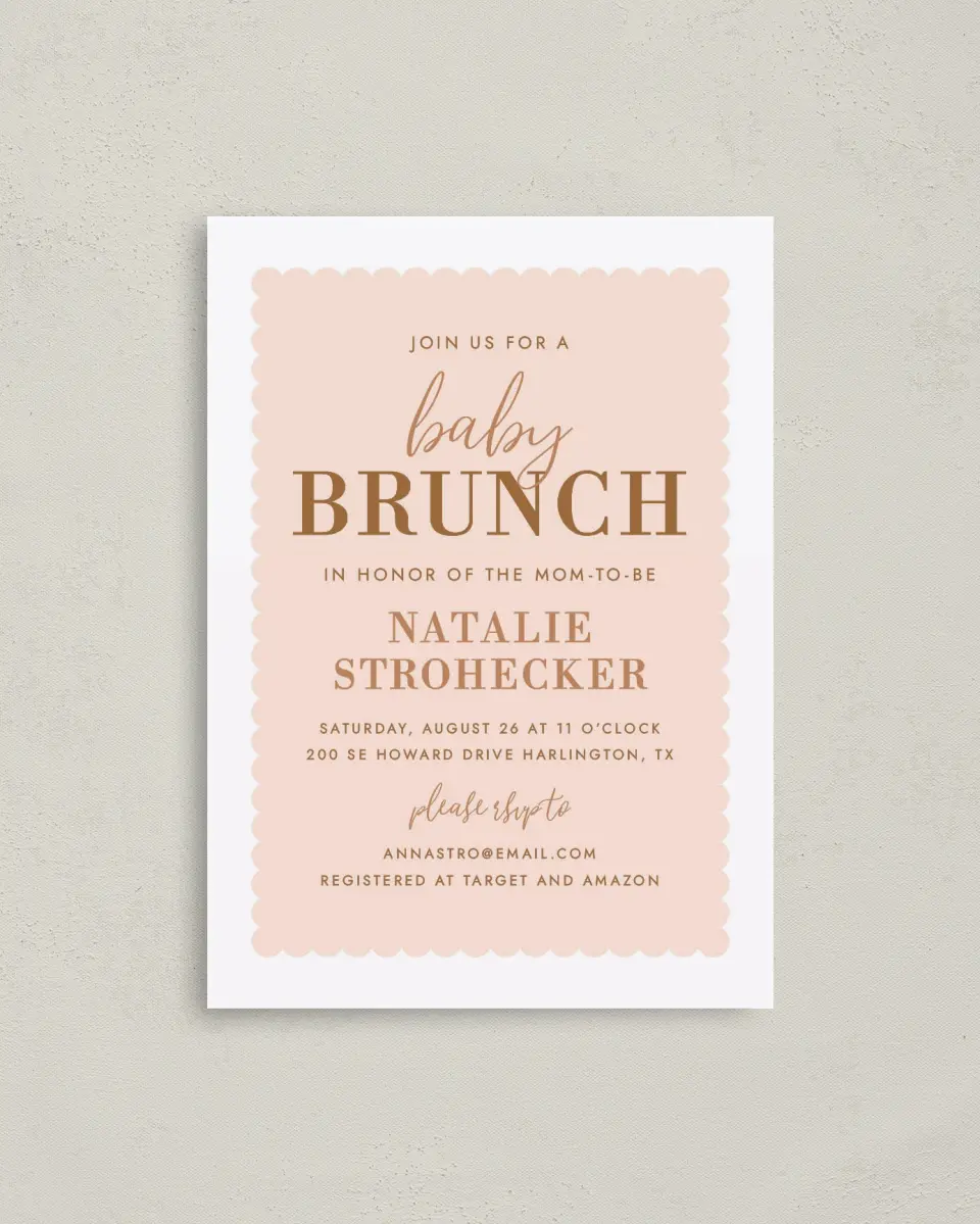 This is a 4" x 5.6" Baby Shower Invitation Postcard called Sweet Scallops printed in full color on Soft Touch Finish paper