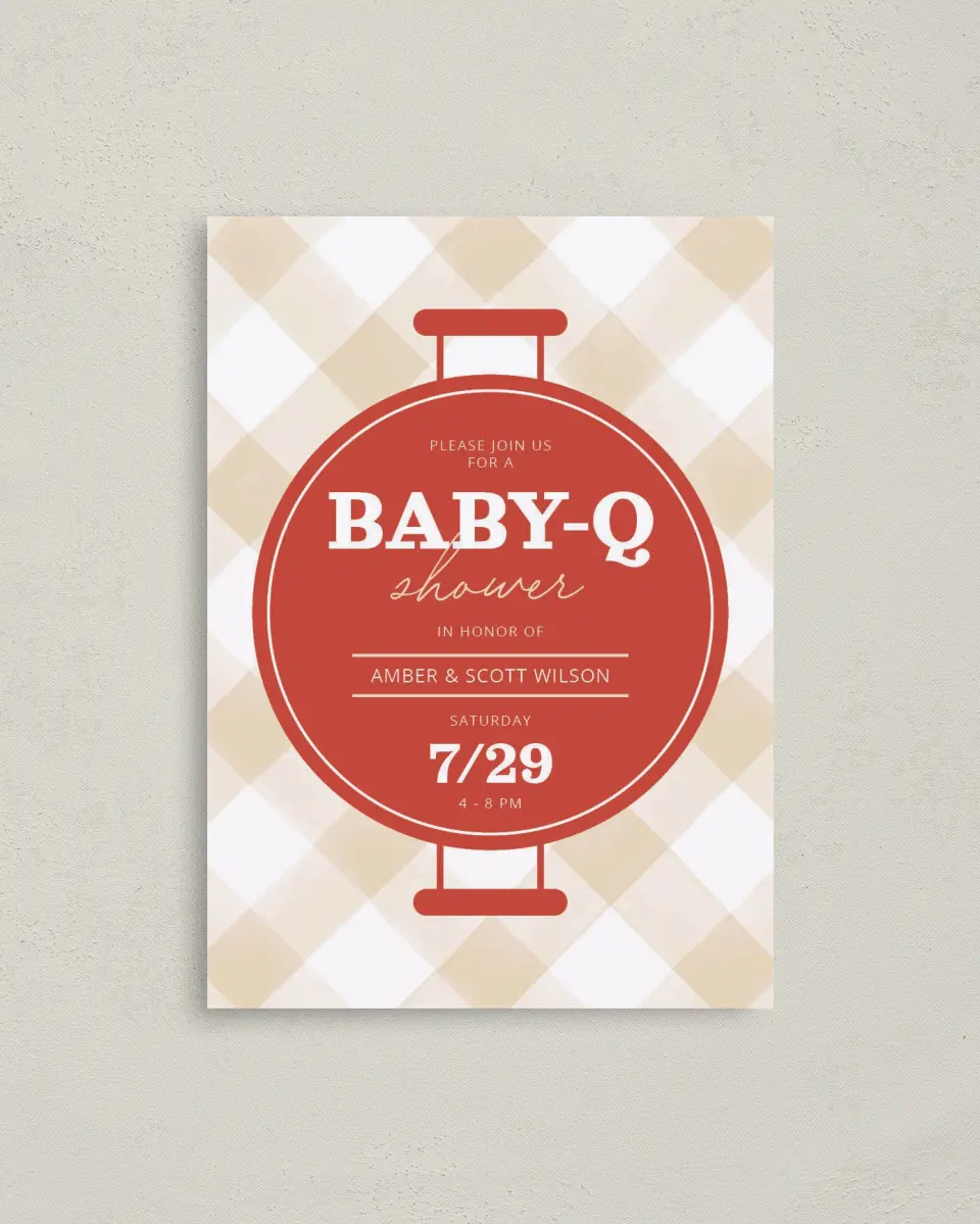 This is a 4" x 5.6" Baby Shower Invitation Postcard called Baby-Q printed in full color on Soft Touch Finish paper