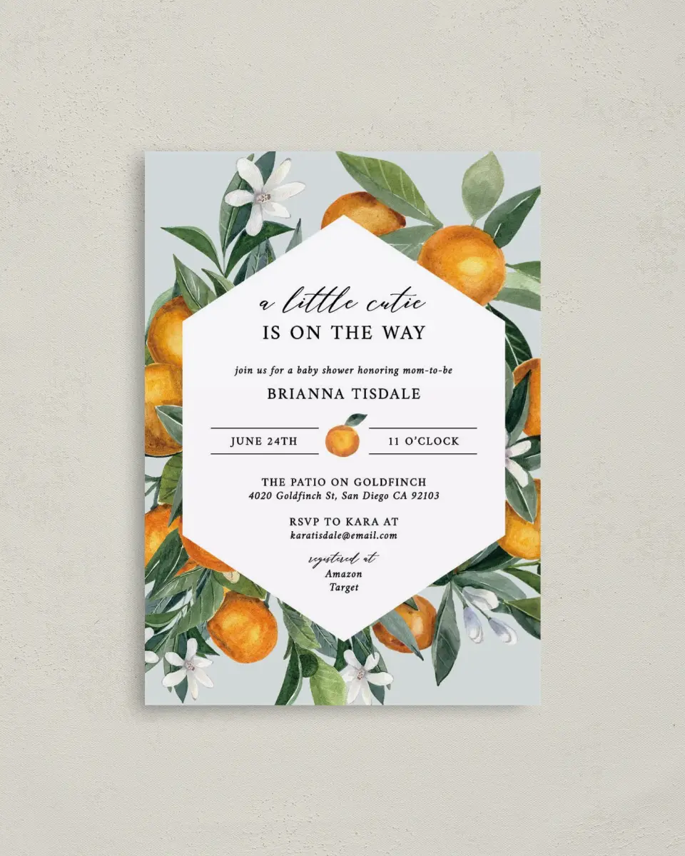 This is a 4" x 5.6" Baby Shower Invitation Postcard called Little Cutie printed in full color on Soft Touch Finish paper