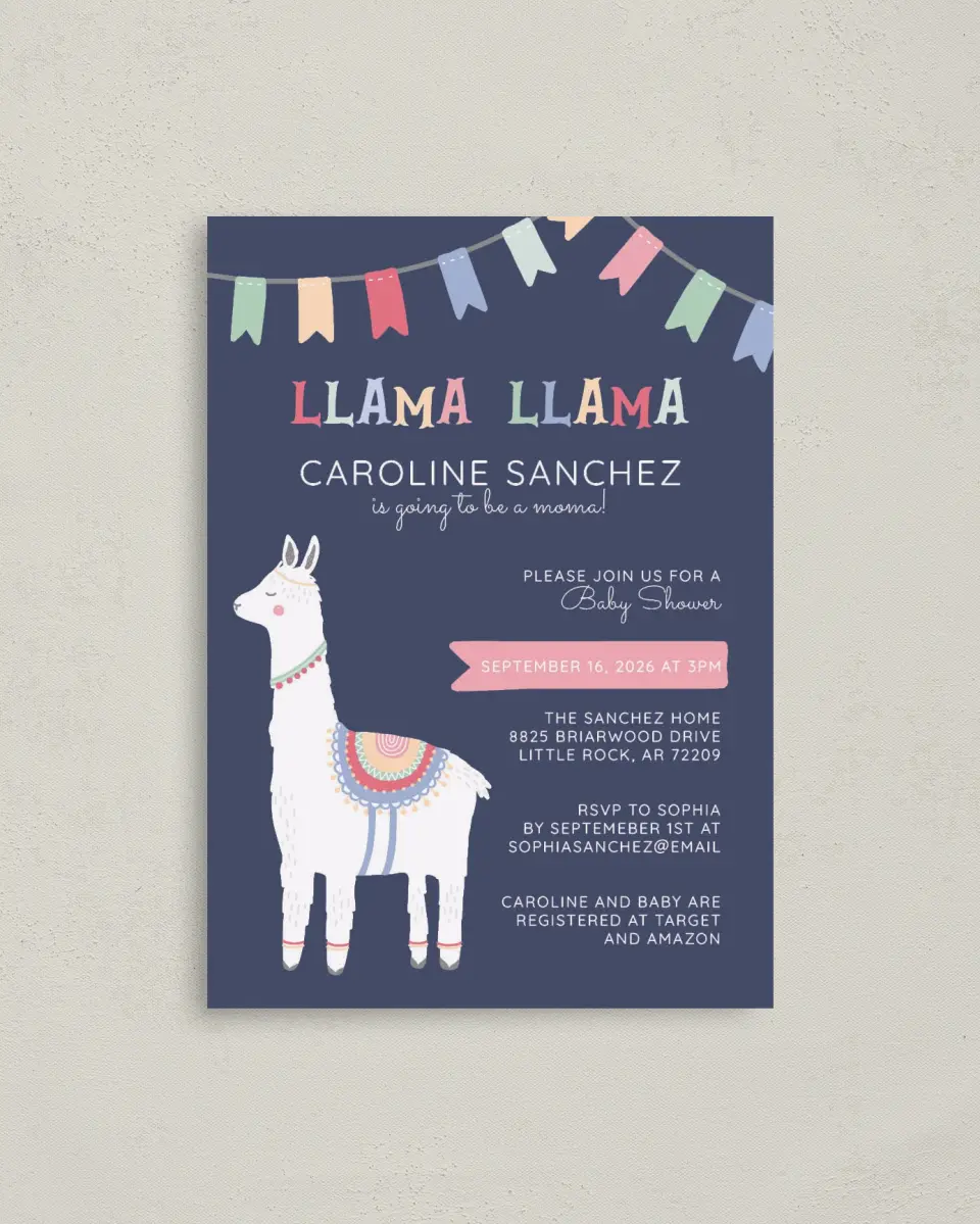 This is a 4" x 5.6" Baby Shower Invitation Postcard called Llama Mama printed in full color on Soft Touch Finish paper