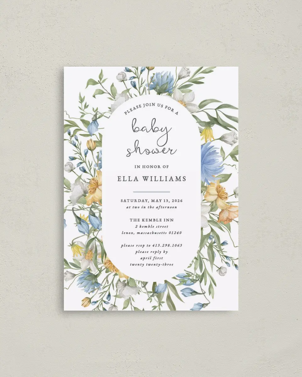 This is a 4" x 5.6" Baby Shower Invitation Postcard called Baby in Bloom printed in full color on Soft Touch Finish paper