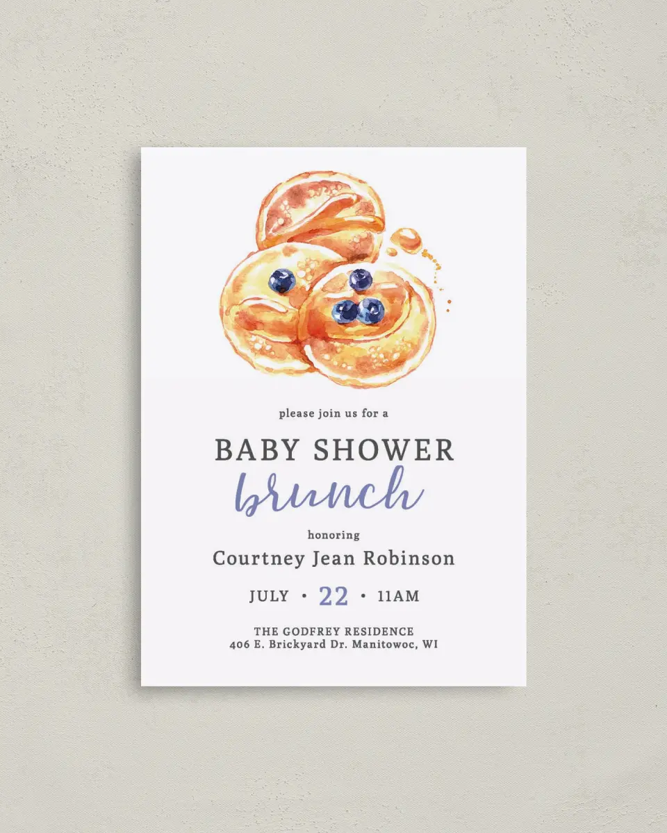 This is a 4" x 5.6" Baby Shower Invitation Postcard called Baby Brunch printed in full color on Soft Touch Finish paper