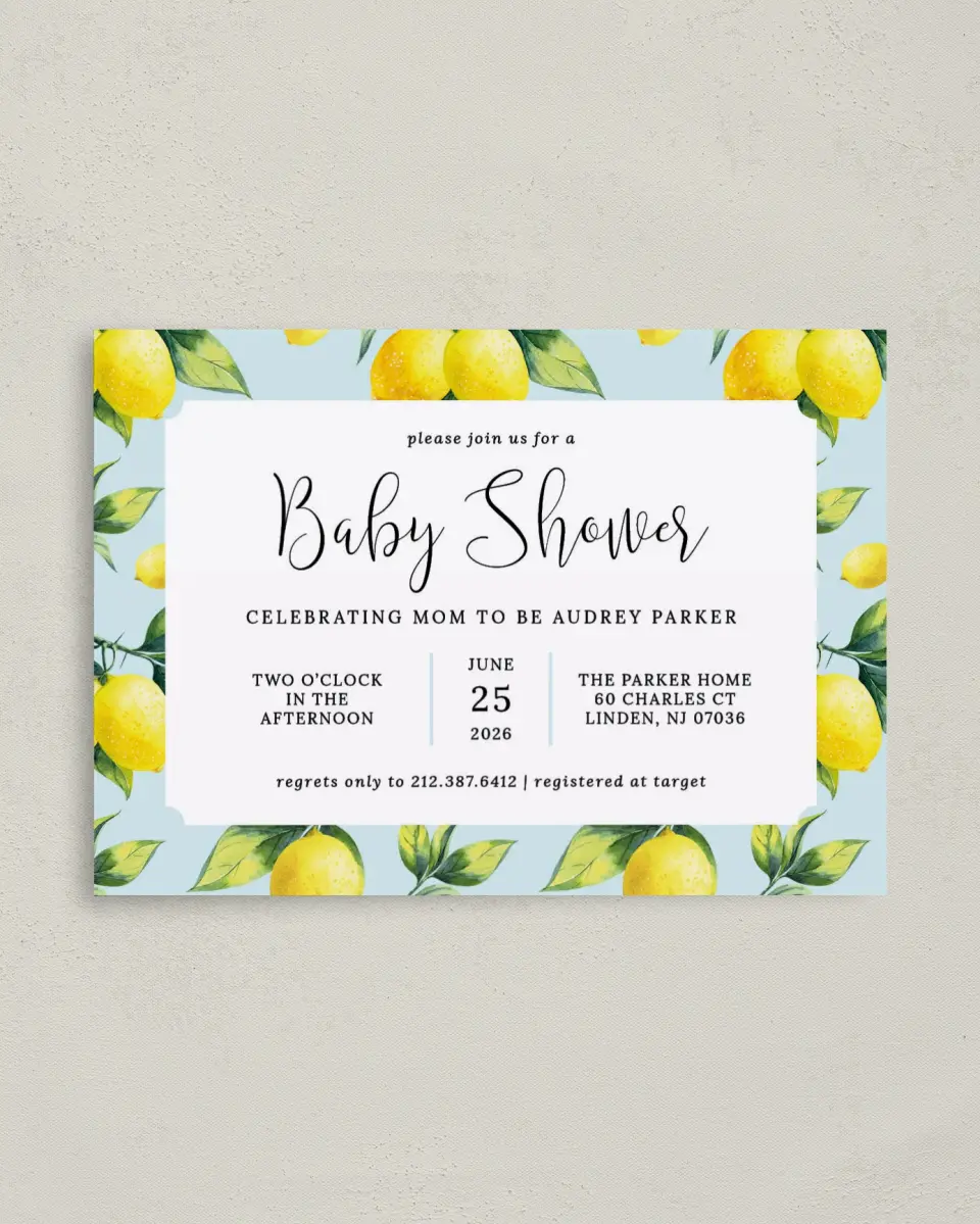 This is a 4" x 5.6" Baby Shower Invitation Postcard called Lovely Lemons printed in full color on Soft Touch Finish paper
