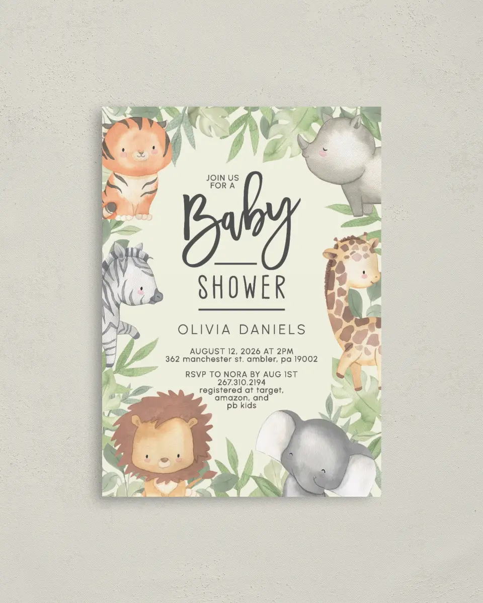 This is a 4" x 5.6" Baby Shower Invitation Postcard called Sweet Safari printed in full color on Soft Touch Finish paper