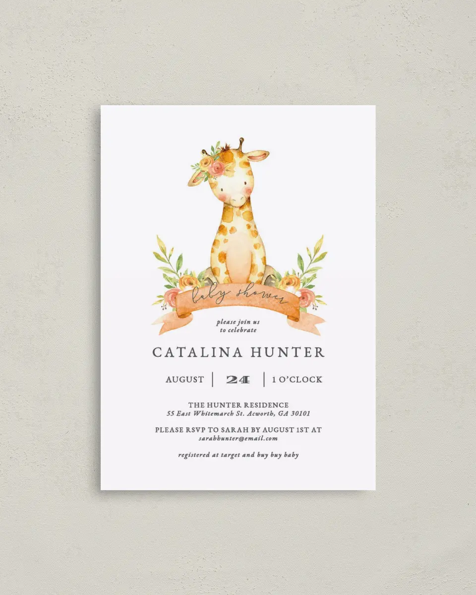 This is a 4" x 5.6" Baby Shower Invitation Postcard called Lovely Giraffe printed in full color on Soft Touch Finish paper