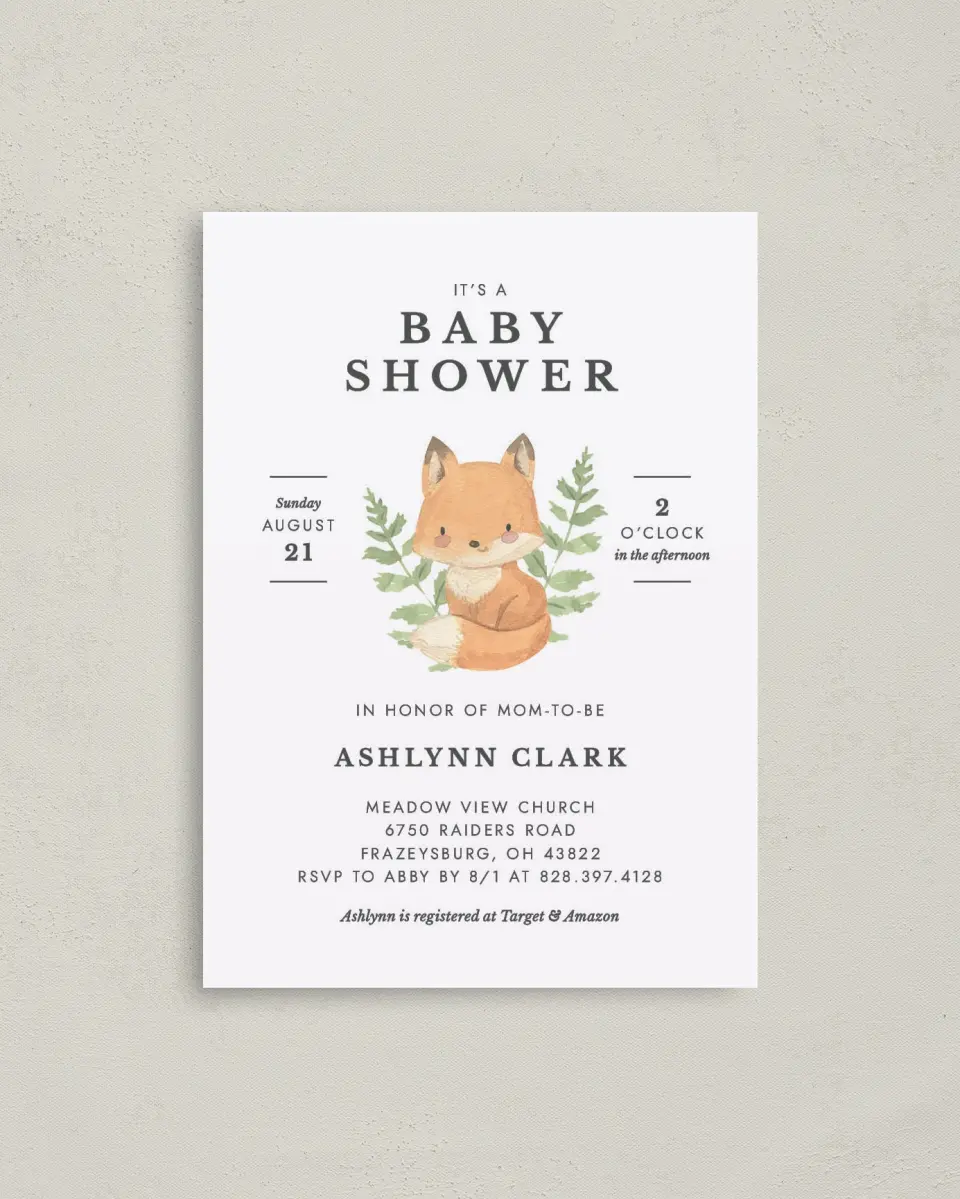 This is a 4" x 5.6" Baby Shower Invitation Postcard called Baby Fox printed in full color on Soft Touch Finish paper
