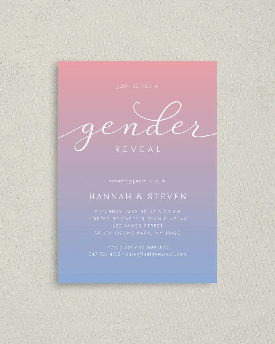 This is a 4" x 5.6" Baby Shower Invitation Postcard called Gender Reveal Party printed in full color on Soft Touch Finish paper