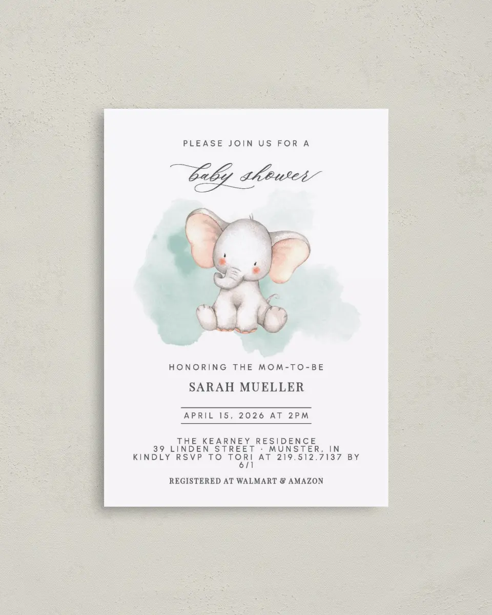 This is a 4" x 5.6" Baby Shower Invitation Postcard called Little Elephant printed in full color on Soft Touch Finish paper
