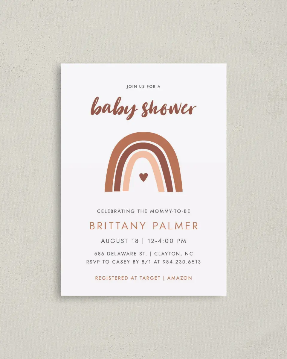 This is a 4" x 5.6" Baby Shower Invitation Postcard called Boho Rainbow printed in full color on Soft Touch Finish paper