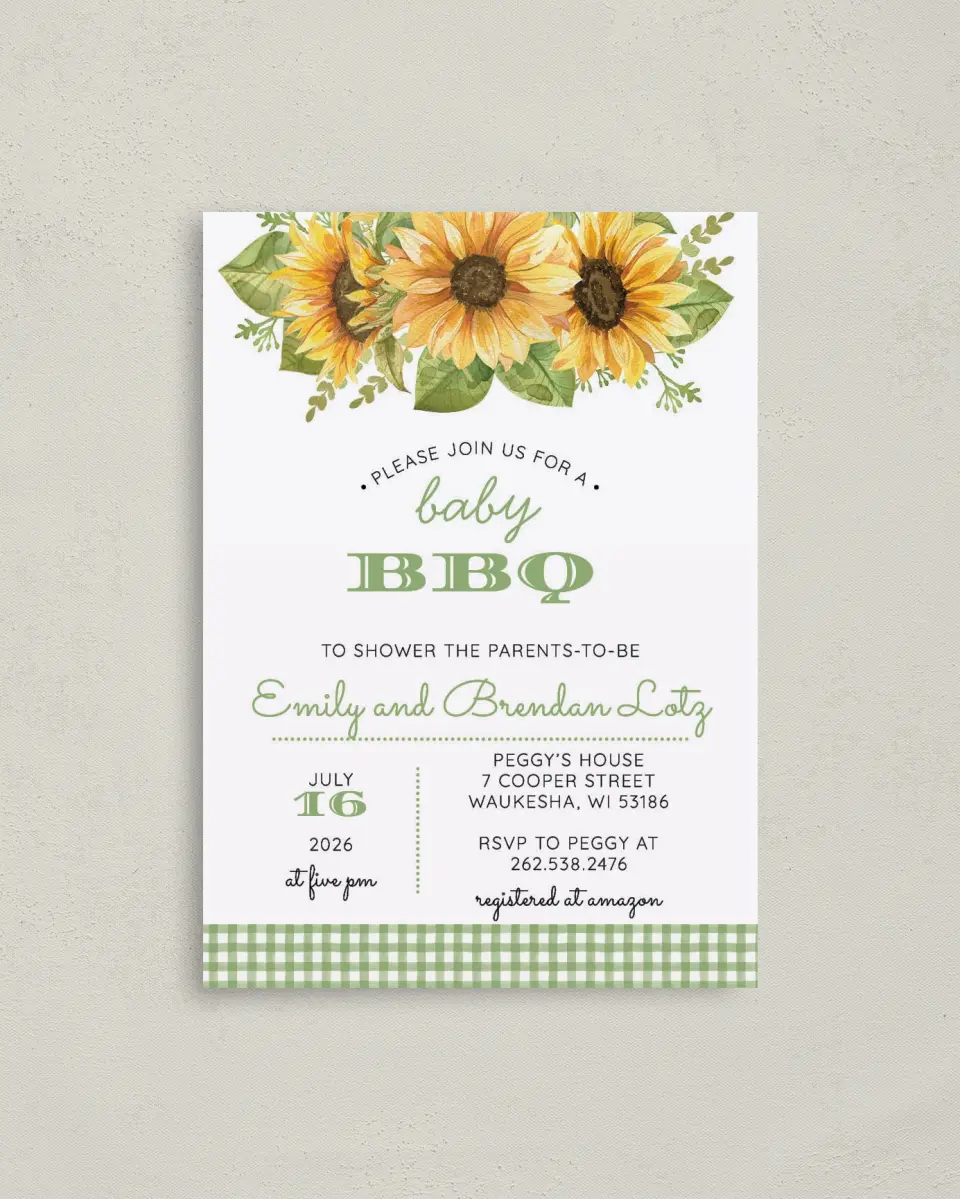 This is a 4" x 5.6" Baby Shower Invitation Postcard called Baby BBQ printed in full color on Soft Touch Finish paper