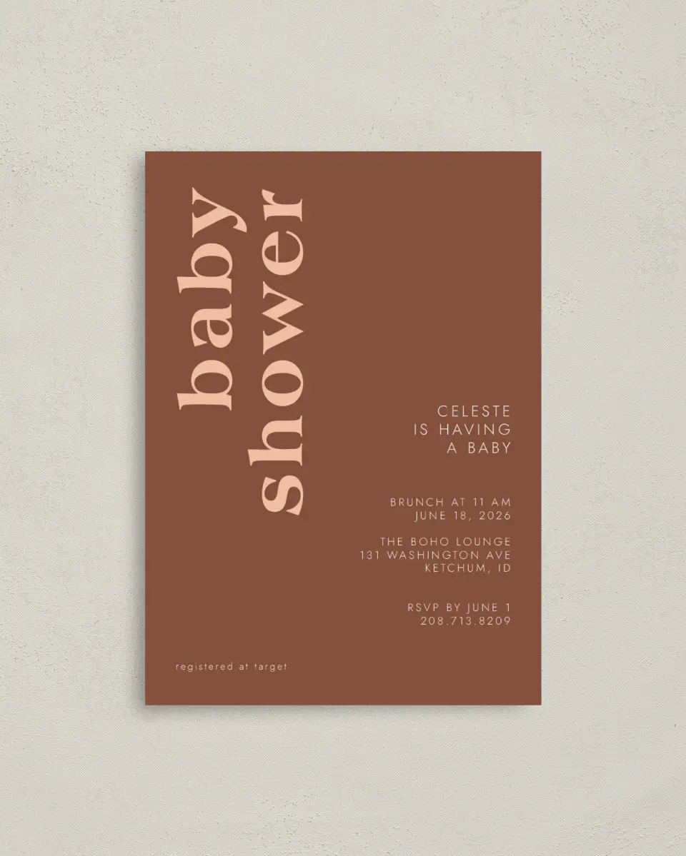 This is a 4" x 5.6" Baby Shower Invitation Postcard called Bold Celebration printed in full color on Soft Touch Finish paper